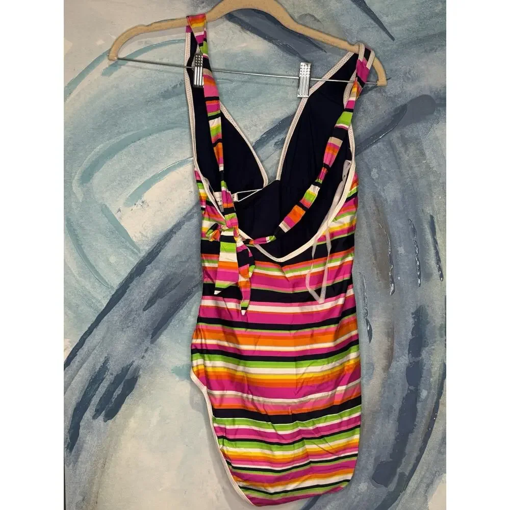 NWT Trina Turk Splash Striped One Piece Halter Plunge Swimsuit Bikini Sz 8